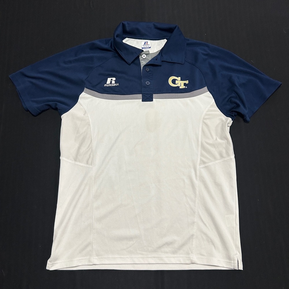 Russell Athletic Georgia Tech Yellow Jackets Polo Shirt Mens Medium Navy White